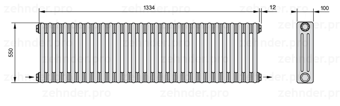 Схема (чертеж) Радиатор Zehnder Charleston 3055/29 №2670 Белый глянцевый RAL 9016